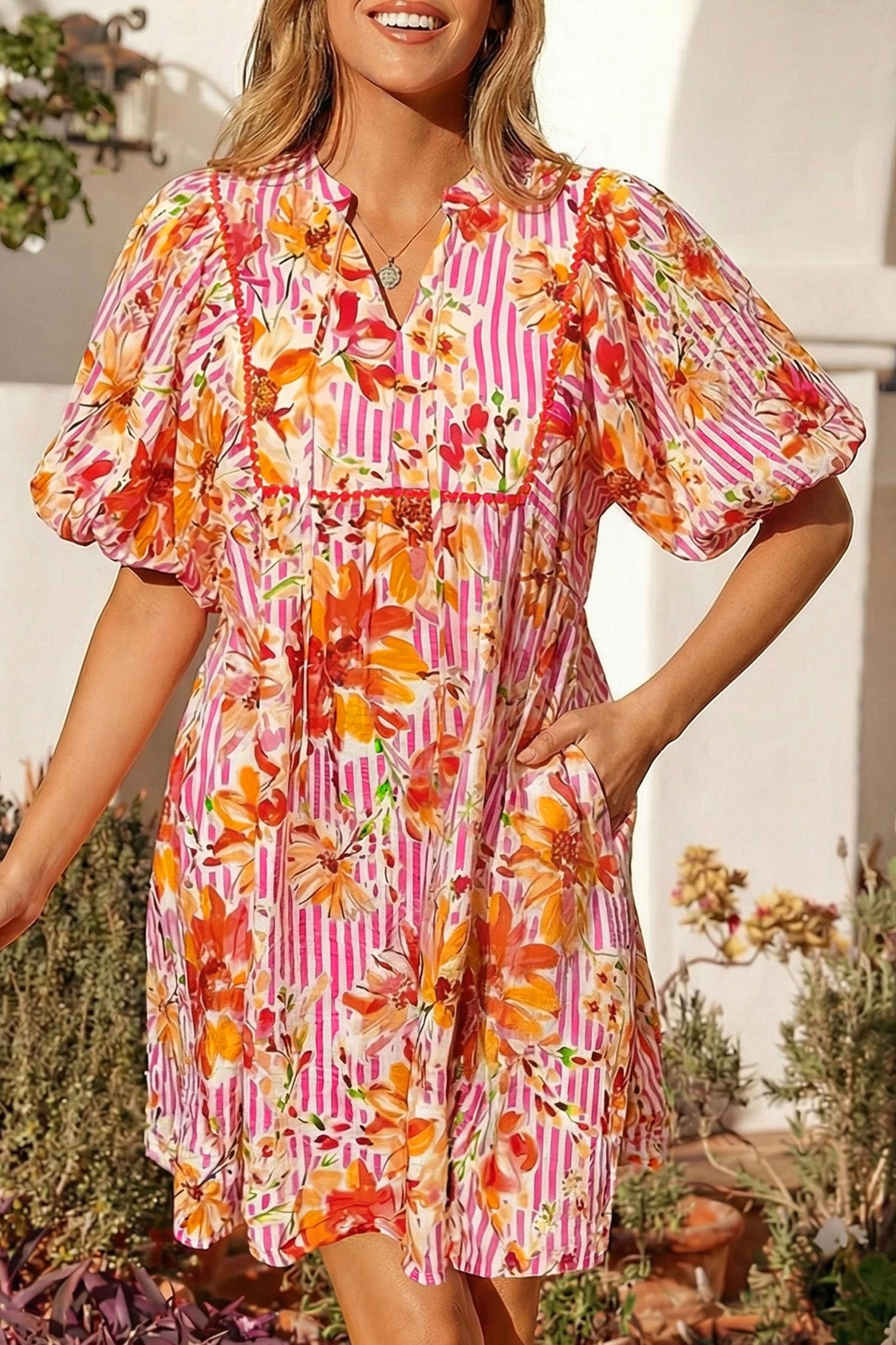 Pink Striped Floral Print Tie Neck Puff Sleeve Loose Mini Dress – Blue Zone Planet