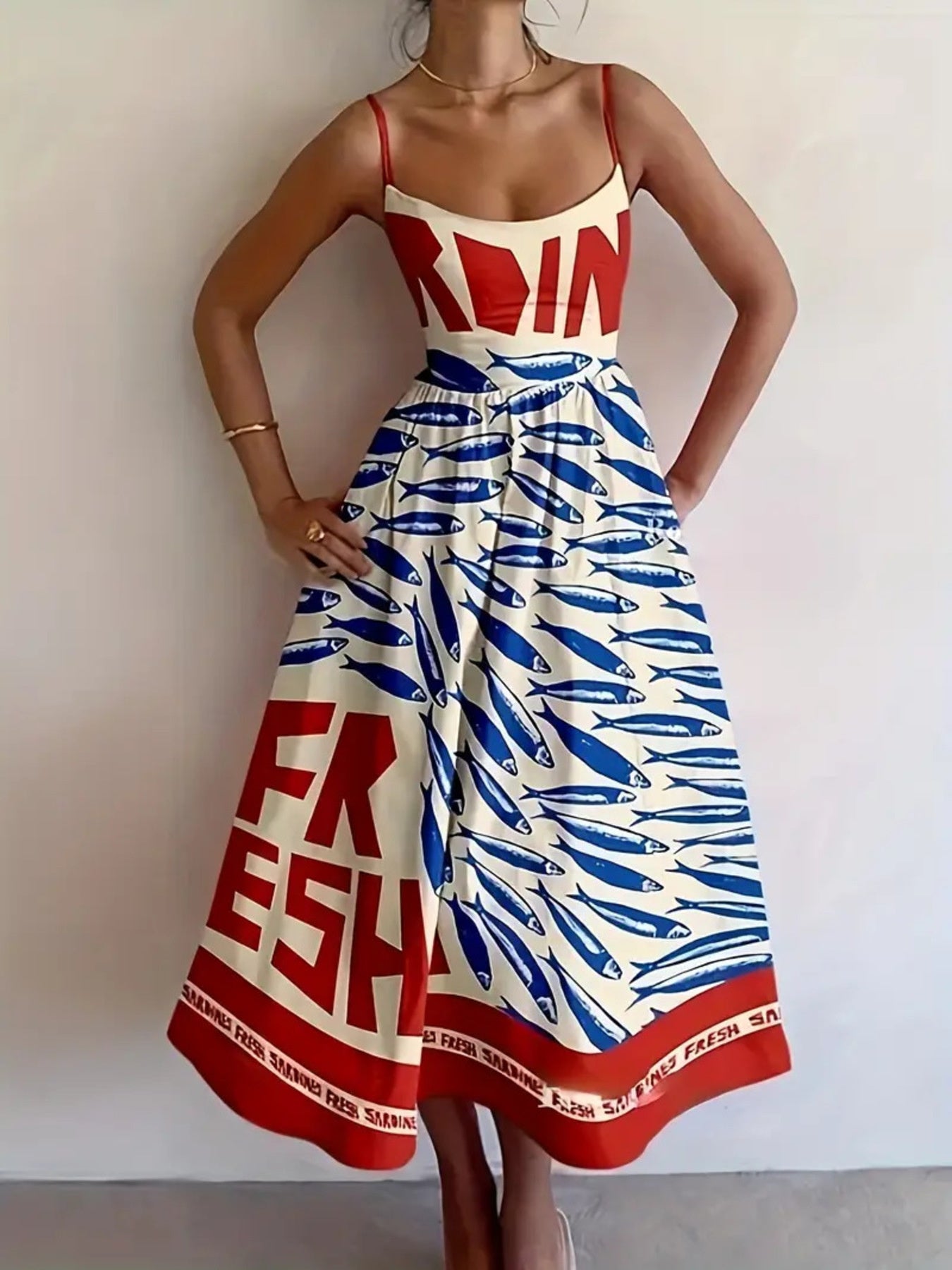 sardine dress Print Spaghetti Strap Midi Rust / M Navy Crm BlkSize + Pay With:$55.00 (Silkroll Fee: $1.38) yarn-used_Feels Like Butta - 215 Jersey dress era #2000sthrowback