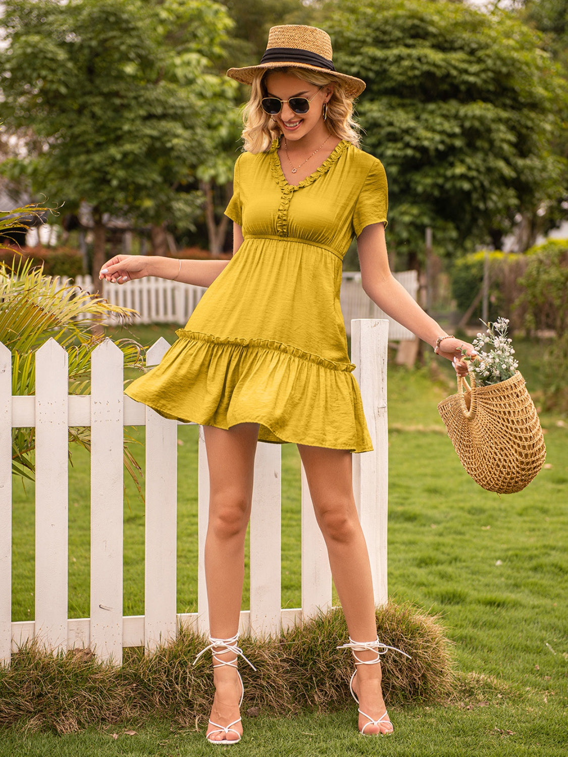 Blue Zone Planet | Frill V-Neck Short Sleeve Ruffle Hem Dress BLUE ZONE PLANET
