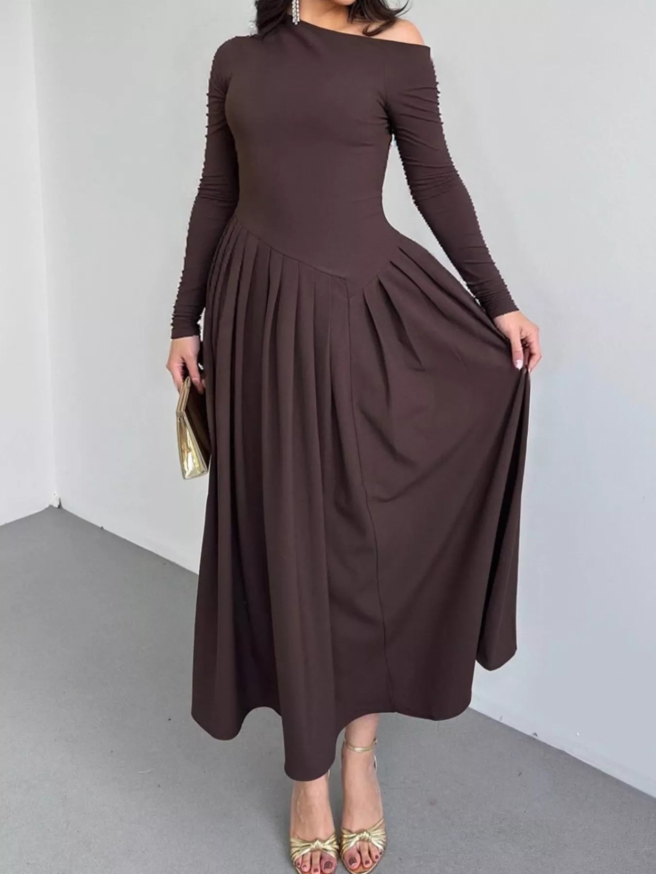 Ruched One Shoulder Long Sleeve Dress - Blue Zone Planet Ruched One Shoulder Long Sleeve Dress - Blue Zone Planet