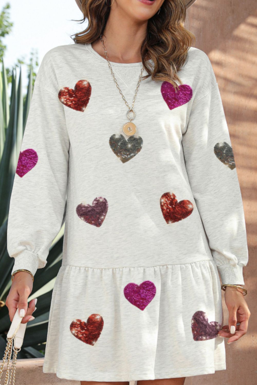 Sequin Heart Round Neck Long Sleeve Mini Dress White / XL