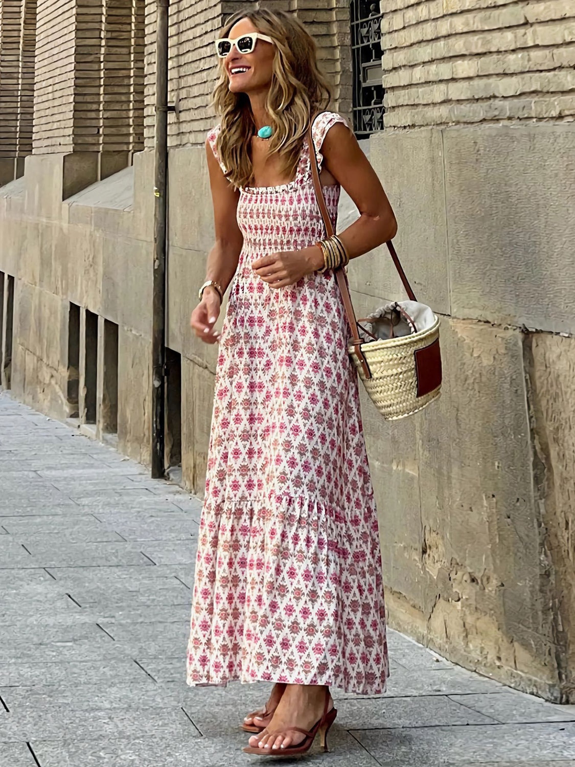 Smocked Printed Square Neck Sleeveless Dress BLUE ZONE PLANET