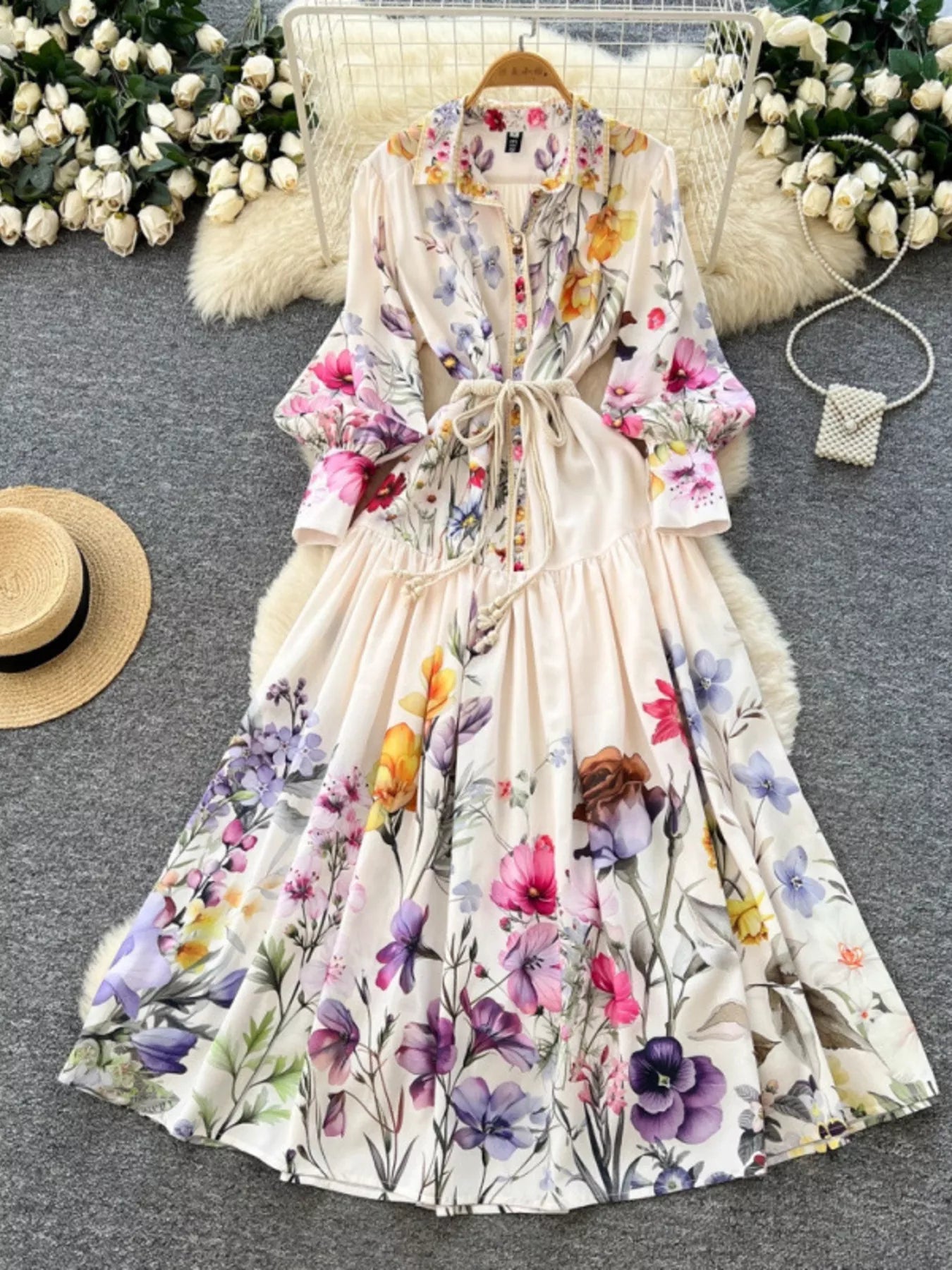 lantern sleeve midi dress Floral Print Lantern Sleeve Midi Dress Color / S by Blue Zone Planet
