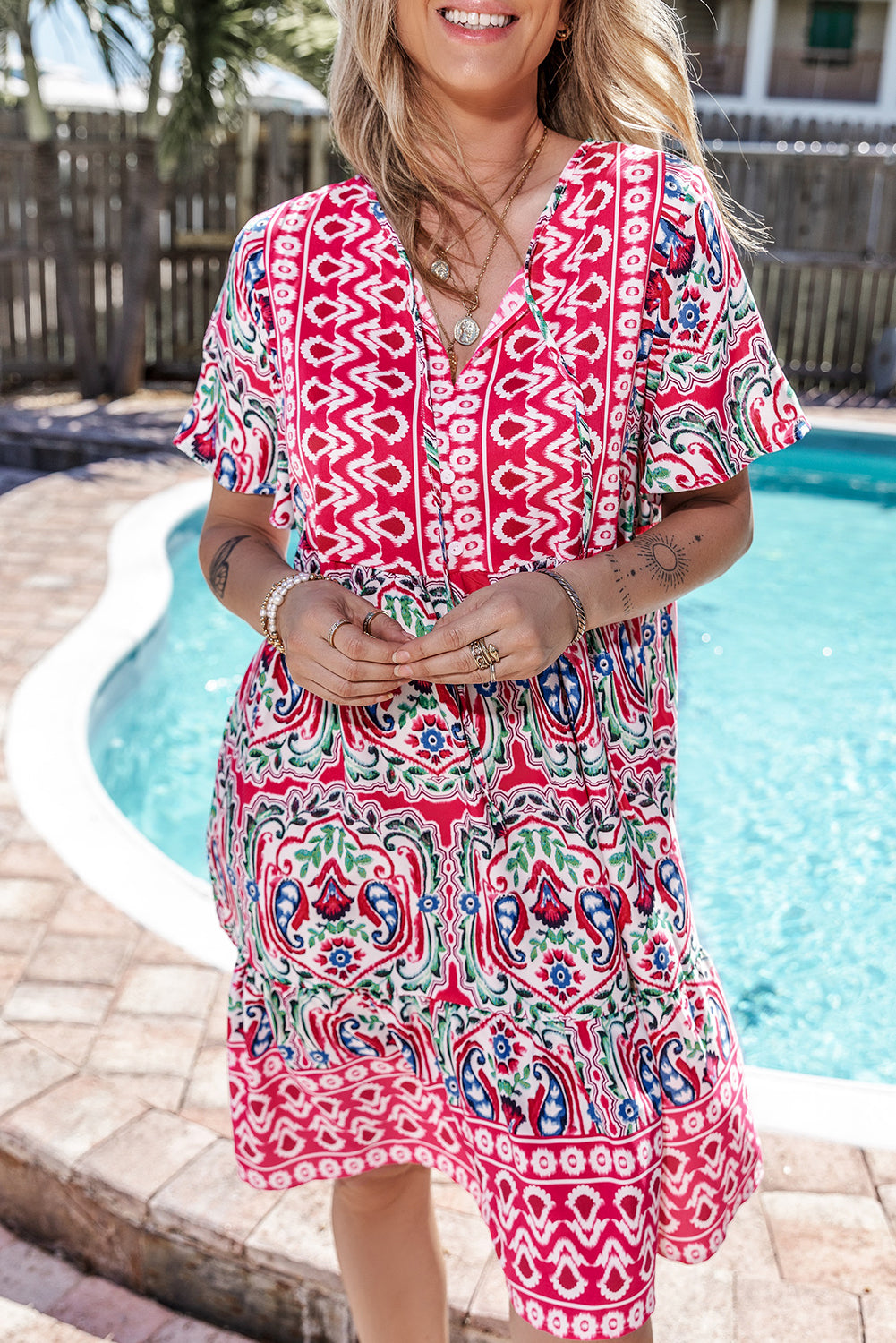 Blue Zone Planet | Pink Bohemian Print Tie Neck Ruffle Hem Short Dress Blue Zone Planet