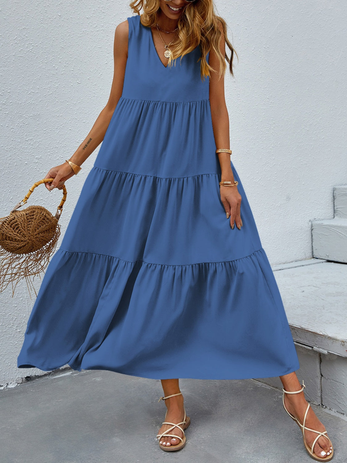 Tiered V-Neck Sleeve Dress BLUE ZONE PLANET