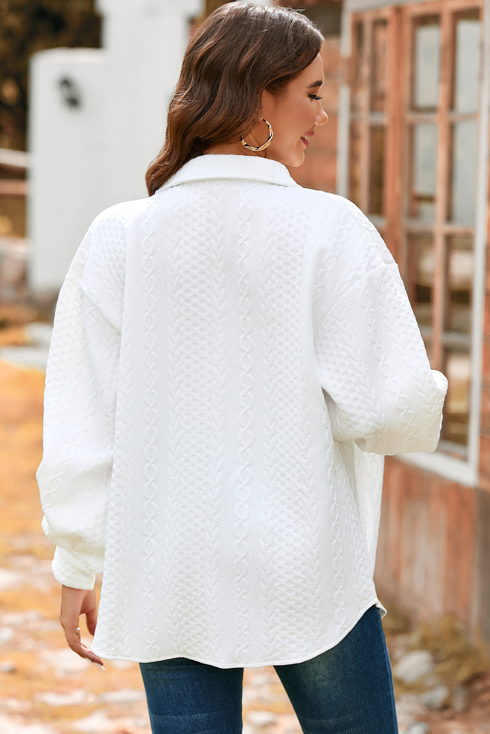 Light Grey Cable Texture Puff Sleeve Loose Shacket