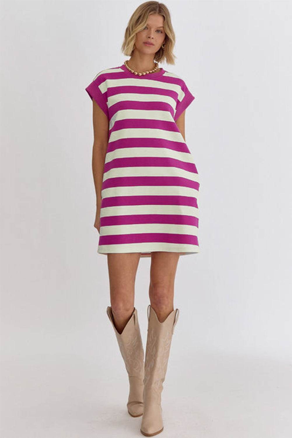 Blue Zone Planet | Rose Stripe Cap Sleeve Pocketed Shift T-shirt Dress Blue Zone Planet