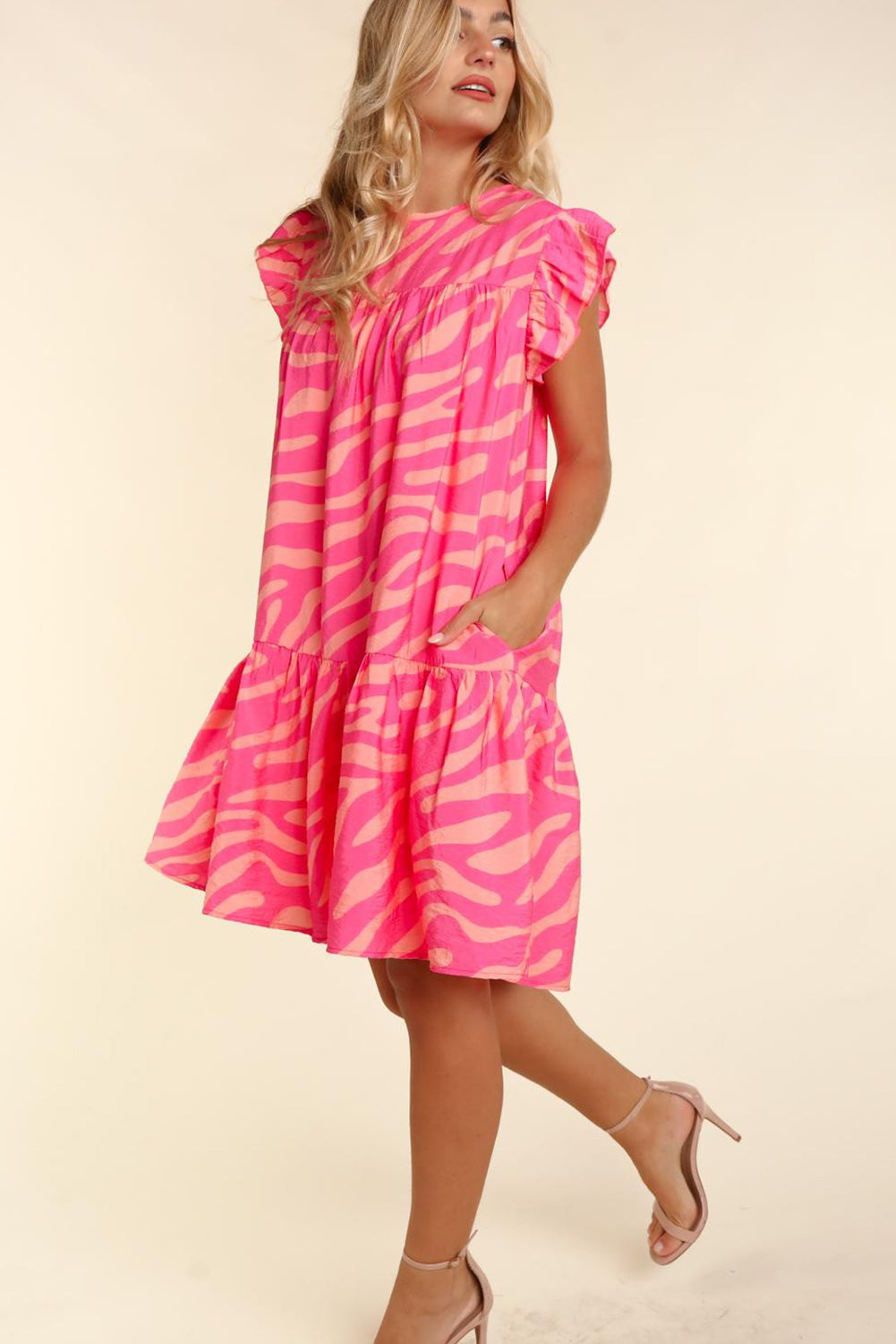 Blue Zone Planet | Pink Zebra Stripe Printed Ruffle Trim Pocketed Dress Blue Zone Planet