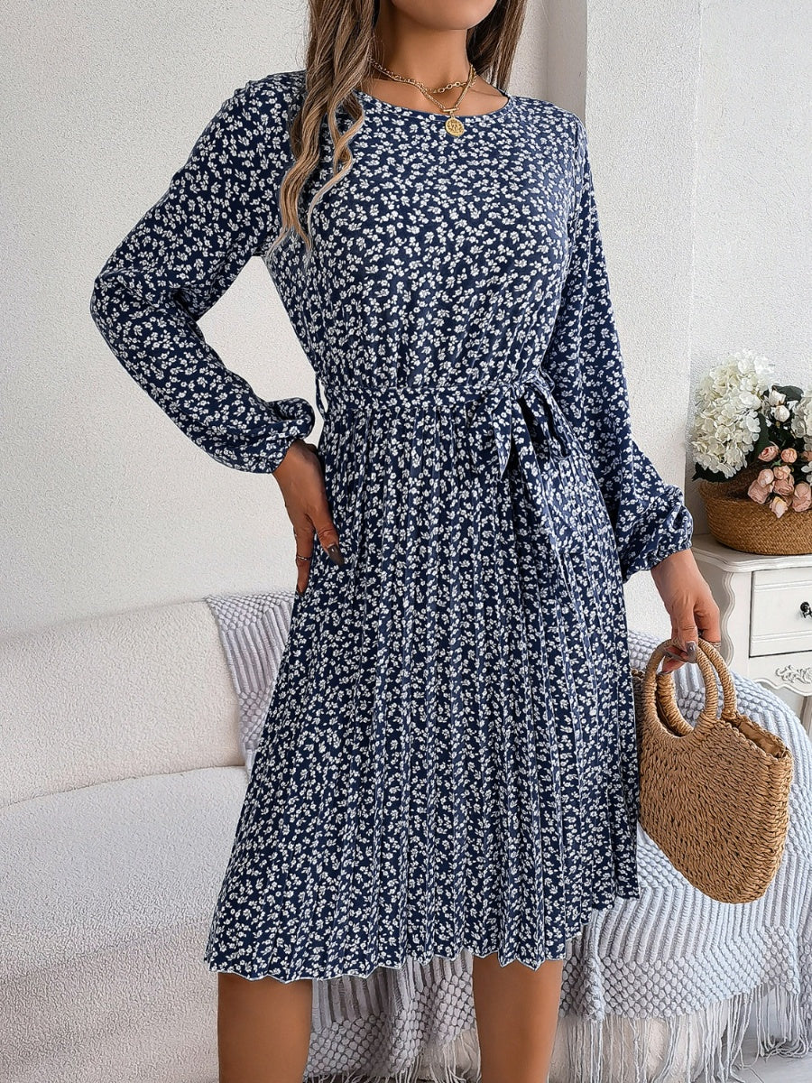 Ditsy Floral Tie Waist Pleated Dress BLUE ZONE PLANET