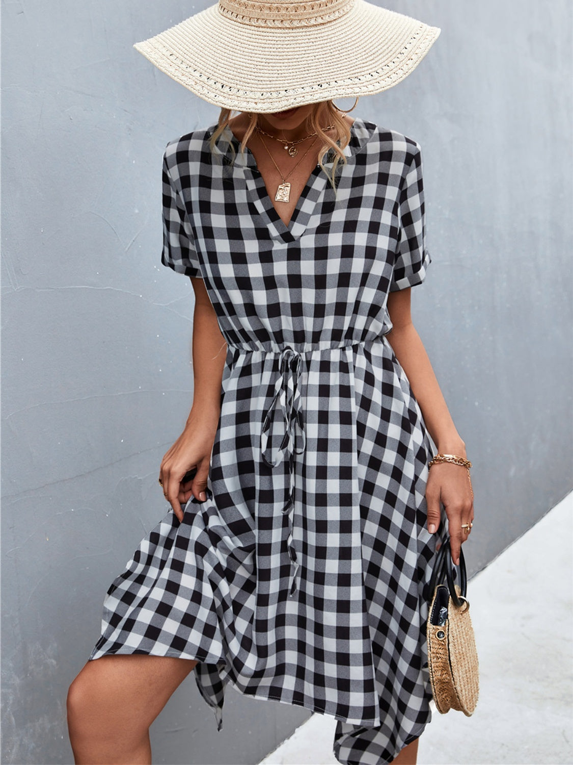 Blue Zone Planet | Plaid Notched Short Sleeve Dress BLUE ZONE PLANET
