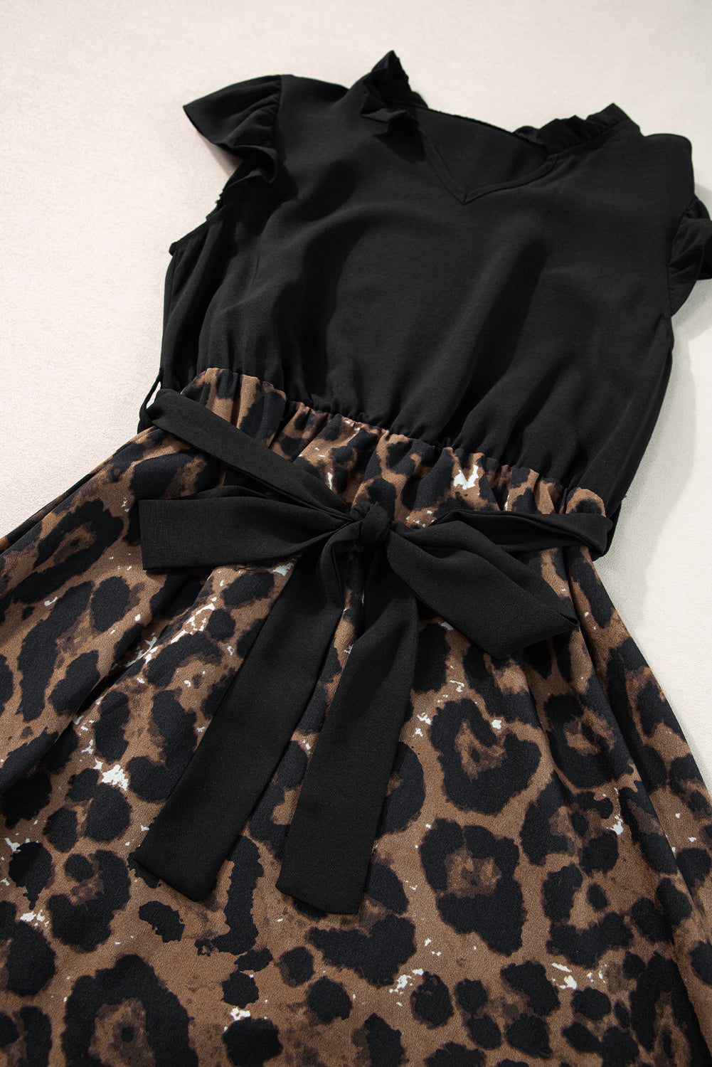 Black Flutter Sleeve Bodice Splicing Leopard Print Dress Blue Zone Planet