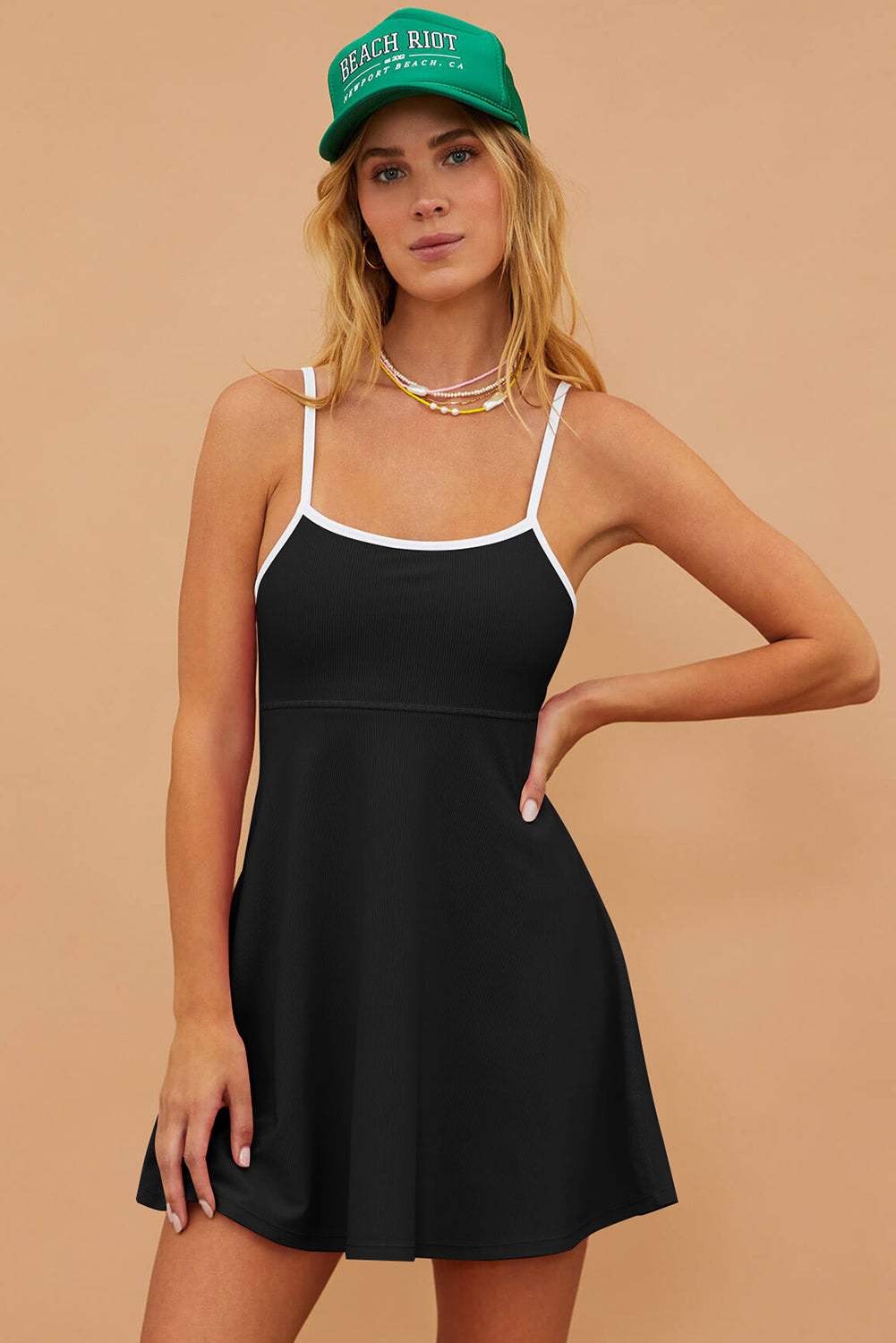 Blue Zone Planet | Black Sporty Ribbed Spaghetti Straps One Piece Swimdress Blue Zone Planet