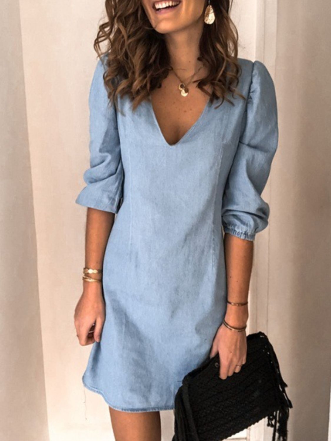 Full Size V-Neck Half Sleeve Denim Dress BLUE ZONE PLANET