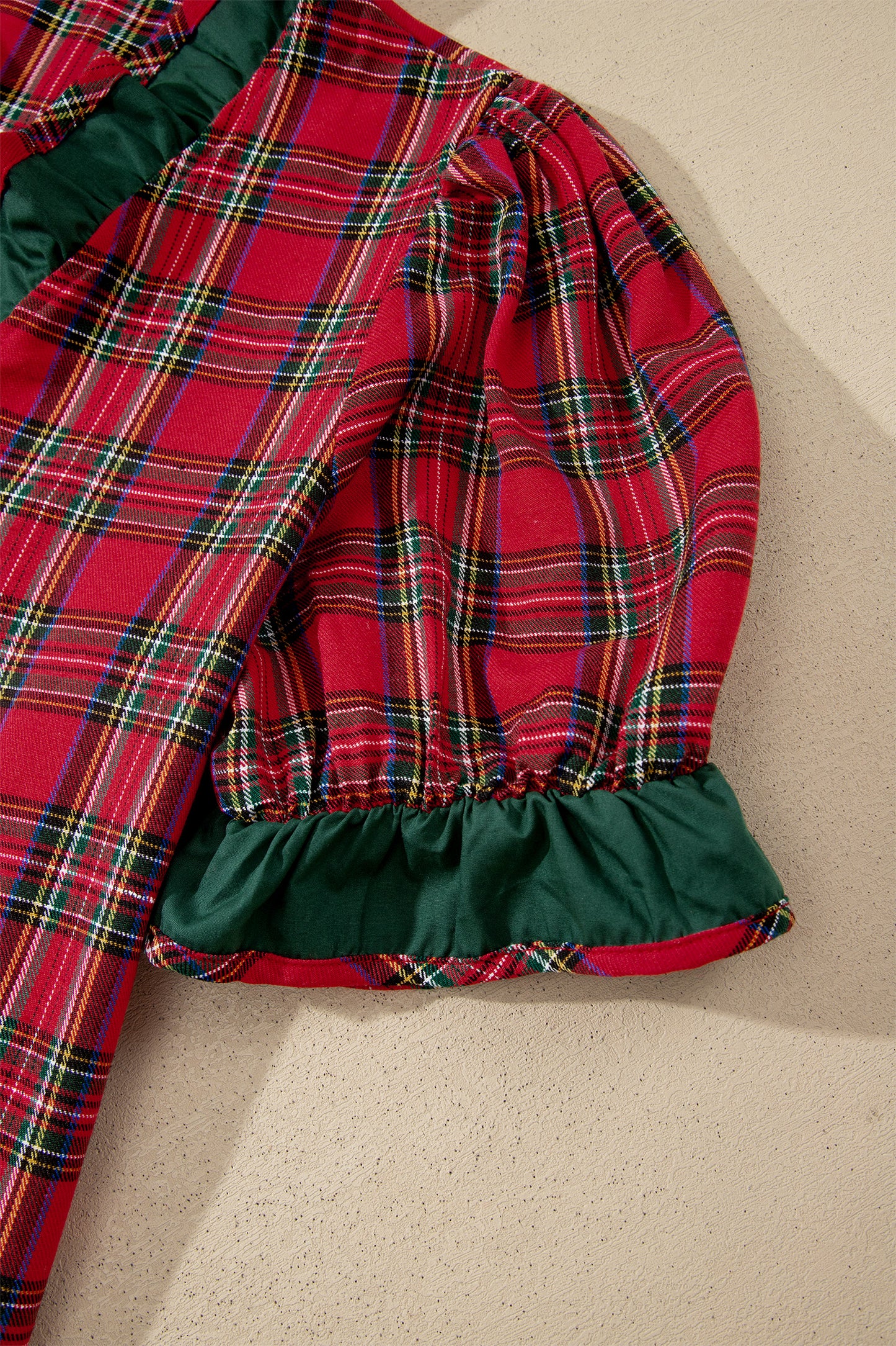 Red Plaid V Neck Ruffle Color Block Trim Short Sleeve Shirt