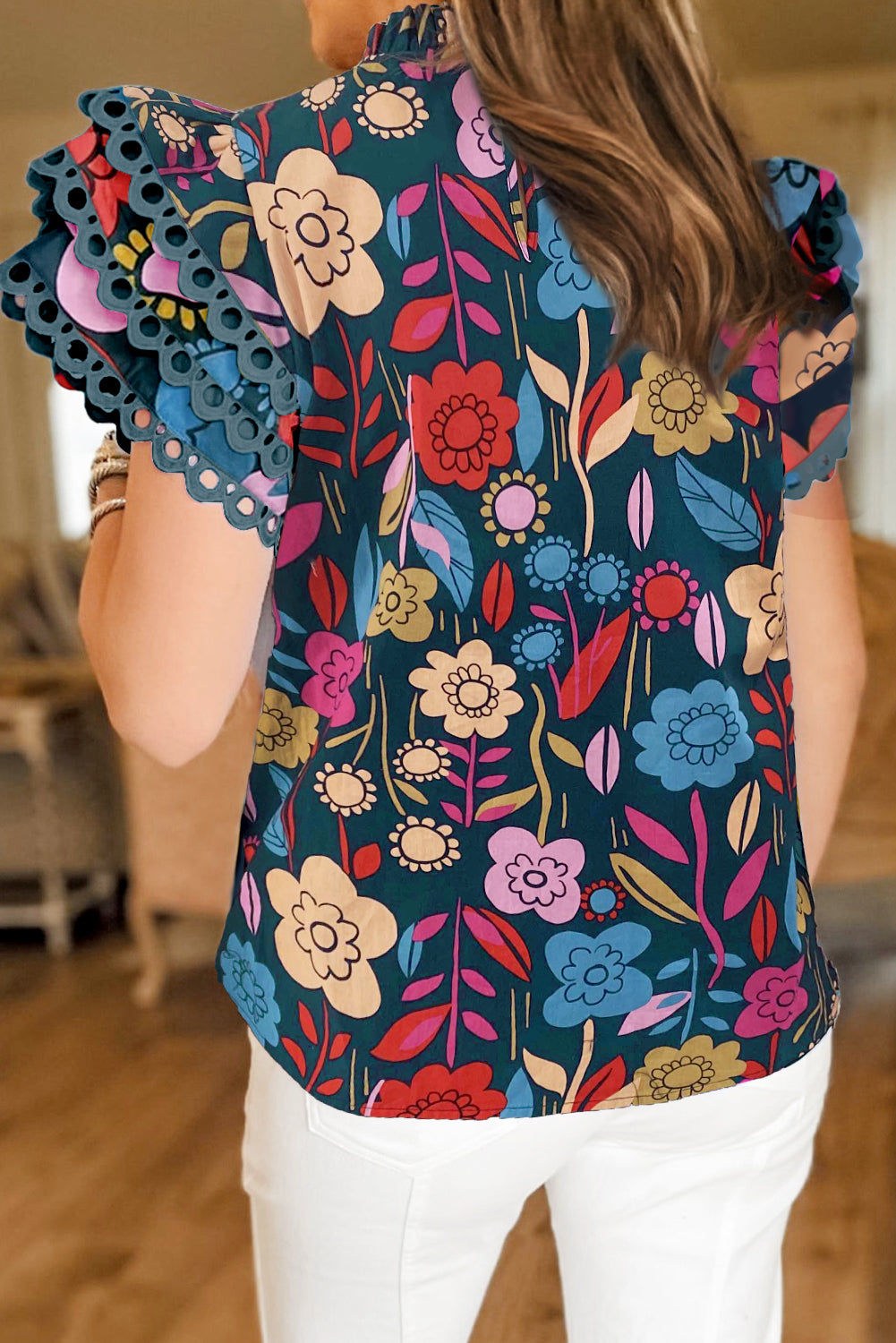 Blue Zone Planet | Green Trimmed Ruffle Sleeve Summer Floral Blouse Blue Zone Planet