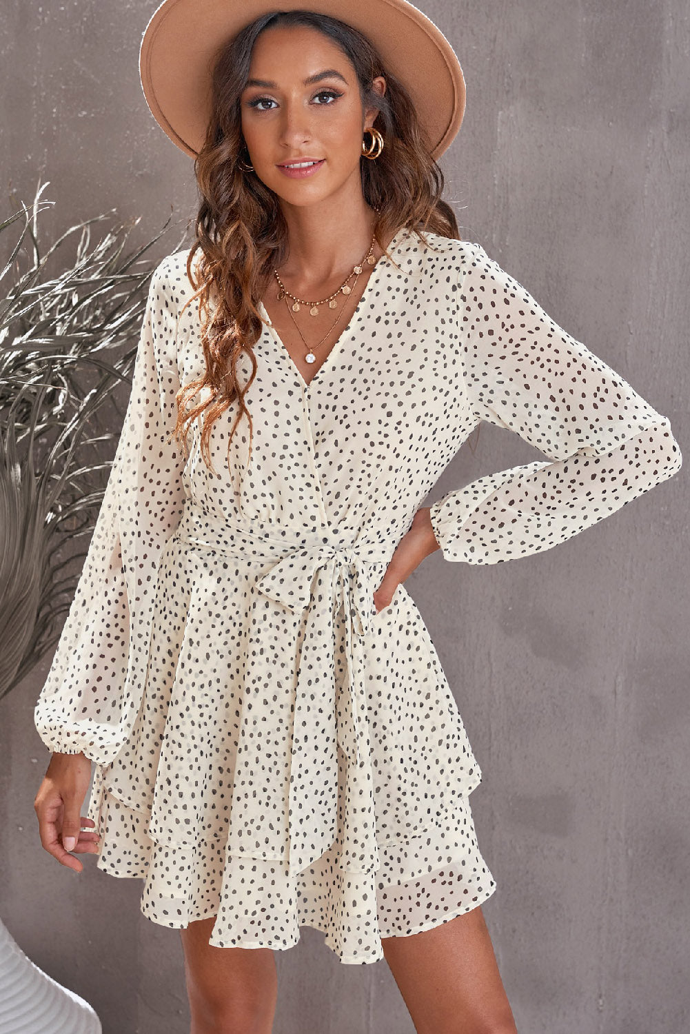 Blue Zone Planet | Tied Polka Dot Balloon Sleeve Layered Dress BLUE ZONE PLANET