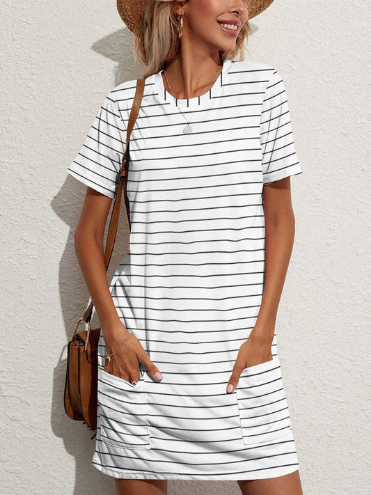 Blue Zone Planet |  Pocketed Striped Round Neck Short Sleeve Dress BLUE ZONE PLANET