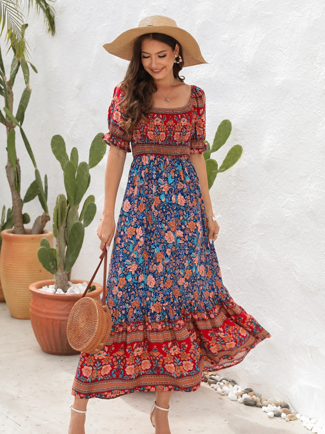Blue Zone Planet | Floral Flounce Sleeve Midi Dress BLUE ZONE PLANET