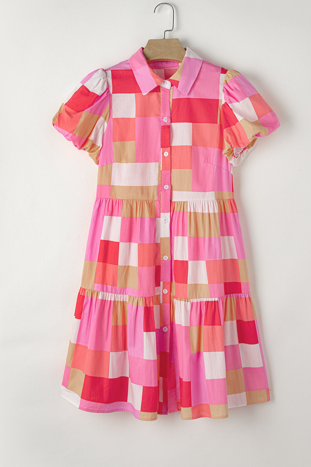 Blue Zone Planet | Pink Plaid Print Puff Sleeve Buttoned Tiered Dress Blue Zone Planet