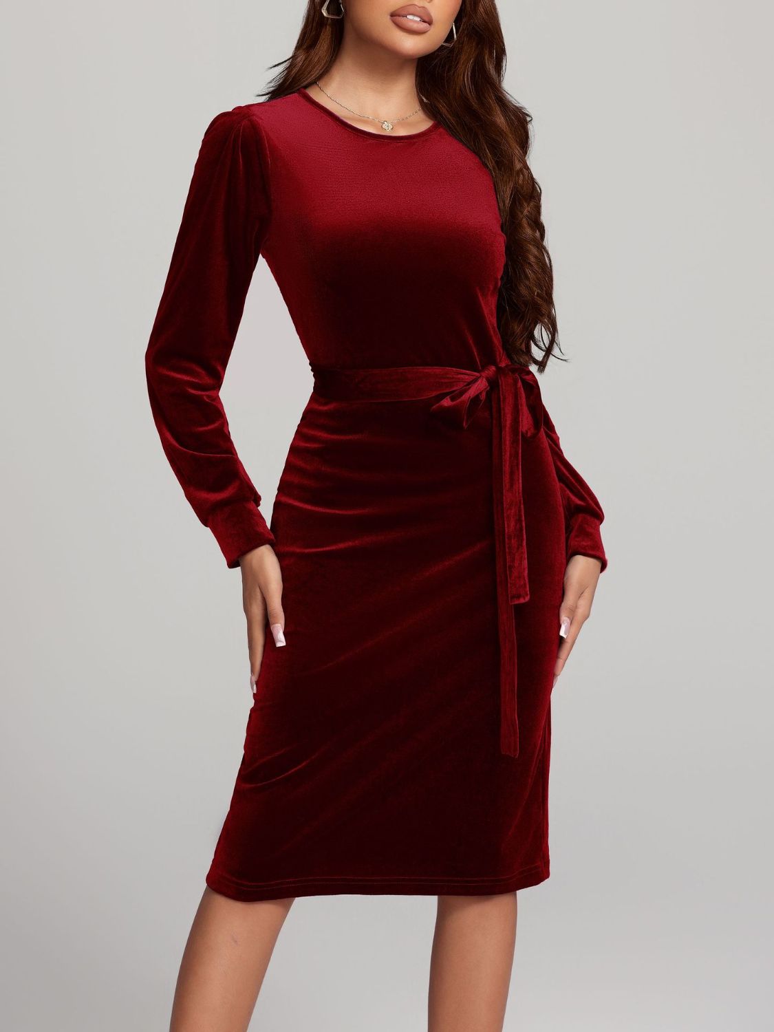 red velvet midi dress with sleeves Round Neck Tie Waist Long Sleeve Velvet Midi Dress – Blue Zone Planet