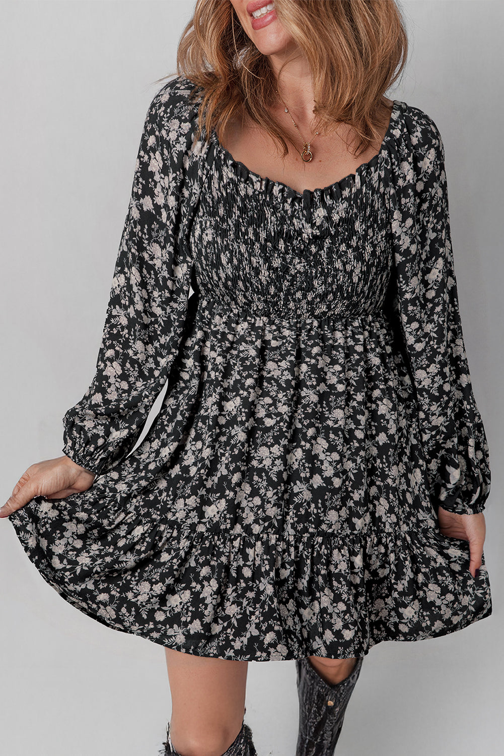 Black Floral Long Sleeve Frilly Shirred Square Neck Mini Dress Black / L / 100%Viscose