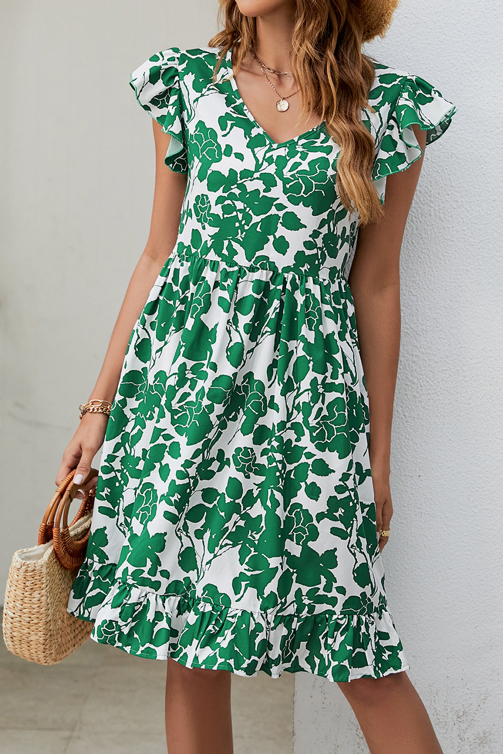 Dark Green Leaf Print V Neck Flutter Sleeve Dress Blue Zone Planet