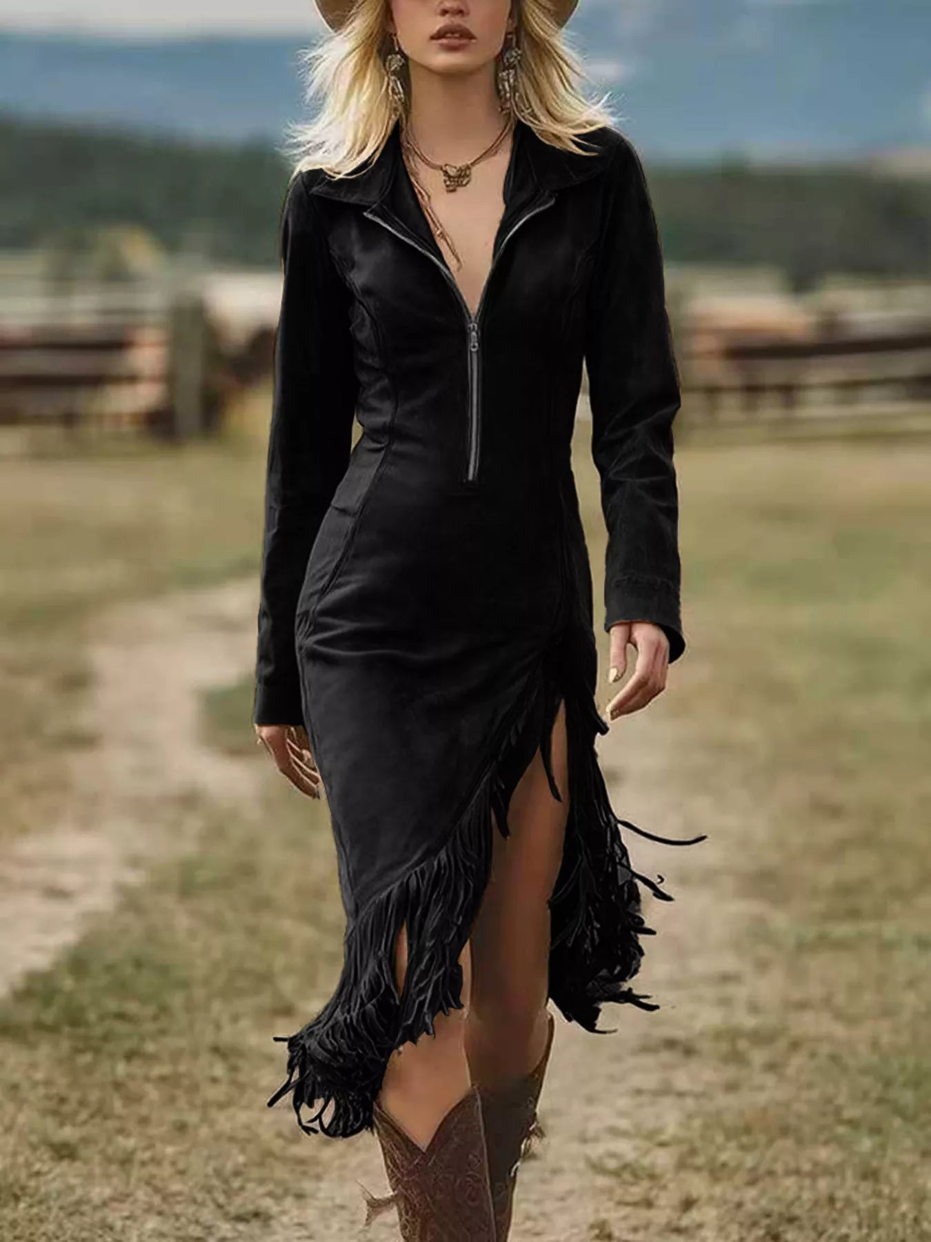 Full Size Fringe Hem Zip Front Bodycon Dress Plus Size Black / S by Blue Zone Planet