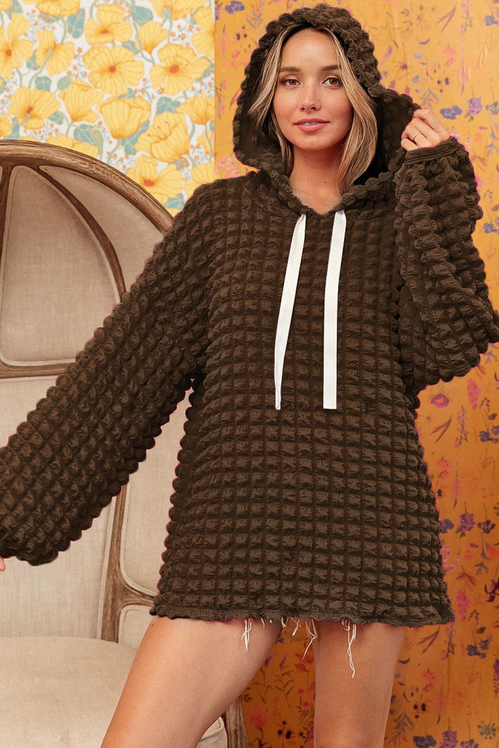 Blue Zone Planet | Dark Brown Bubble Textured Waffle Hoodie Blue Zone Planet
