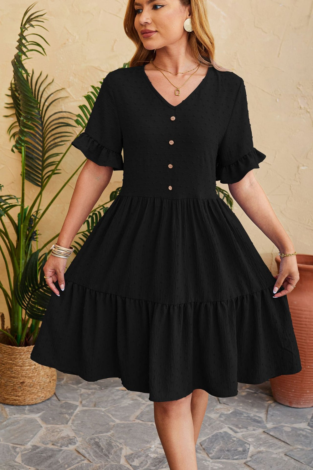 Blue Zone Planet | Swiss Dot Ruffled V-Neck Tiered Dress BLUE ZONE PLANET