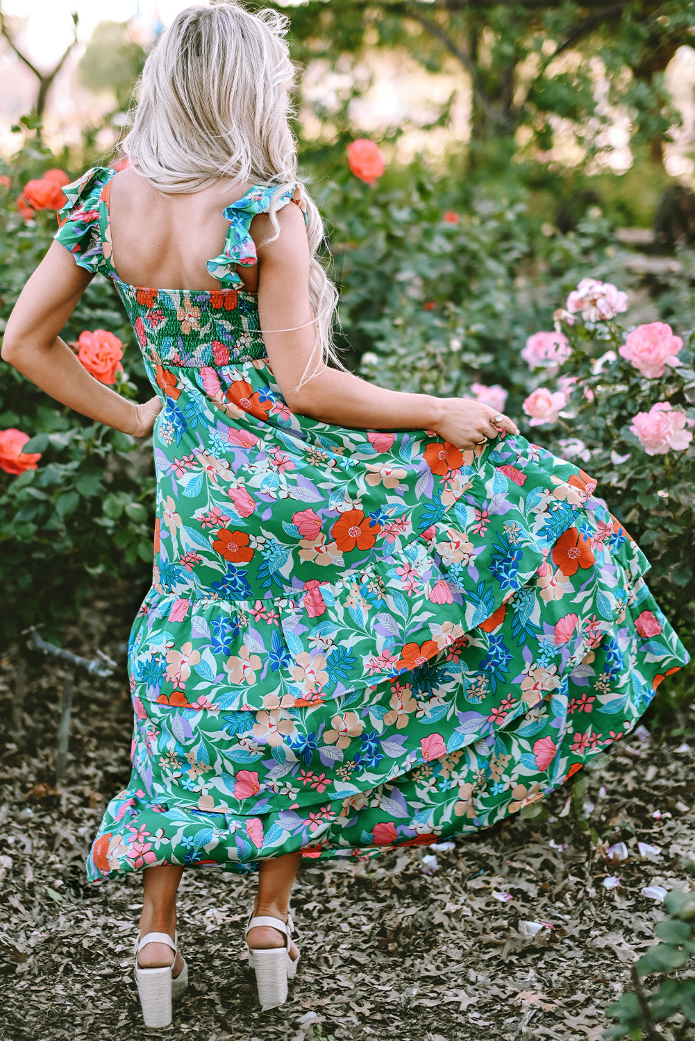 Blue Zone Planet | Green Floral Print Sleeveless Ruffle Tiered Maxi Dress Blue Zone Planet