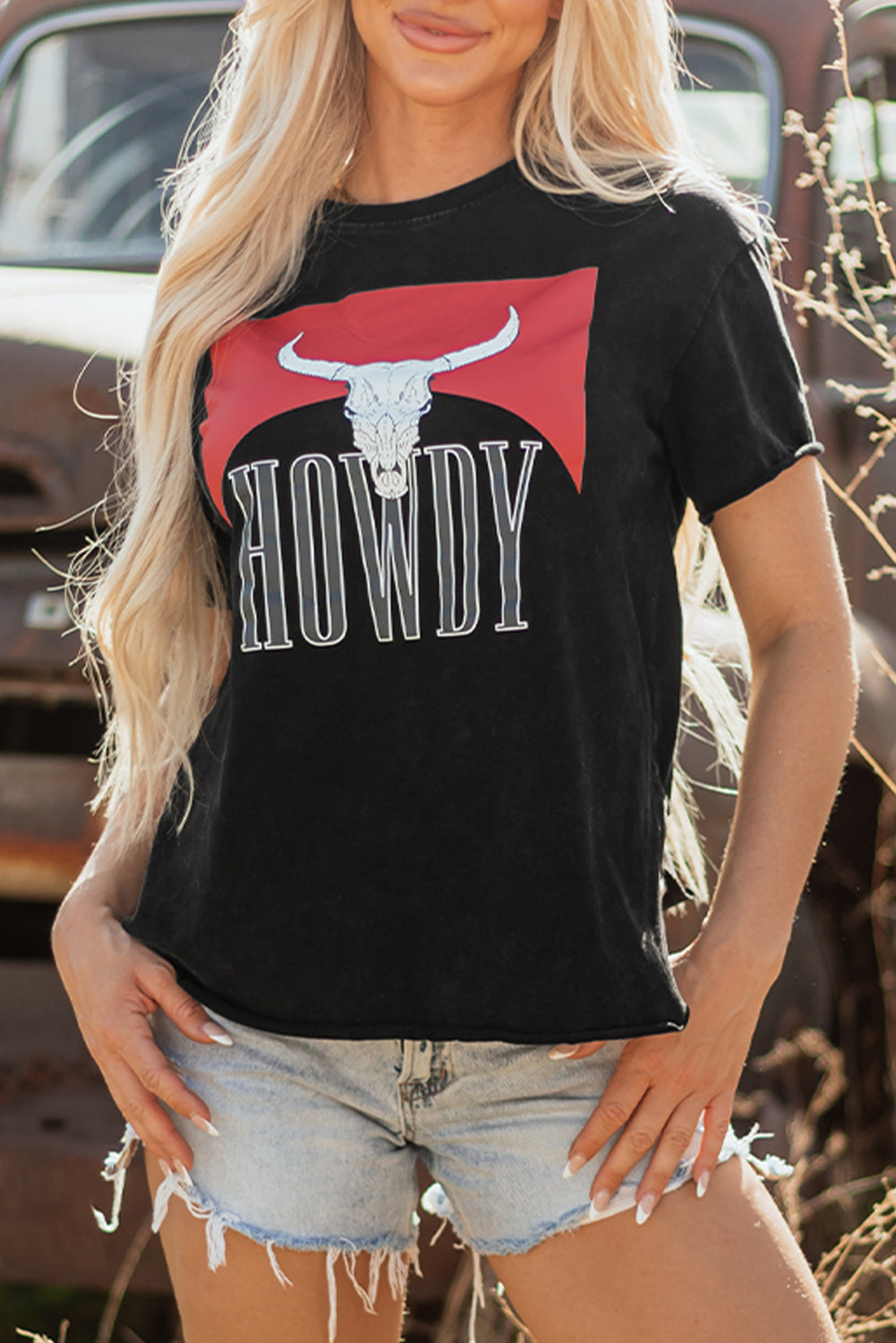 Black Western Howdy Steer Head Print Side Slits Loose Fit T Shirt