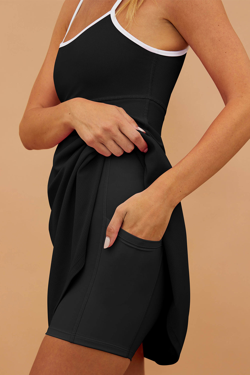 Blue Zone Planet | Black Sporty Ribbed Spaghetti Straps One Piece Swimdress Blue Zone Planet