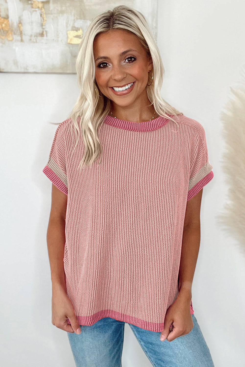 Blue Zone Planet | Coffee Textured Contrast Trim Round Neck T Shirt Blue Zone Planet