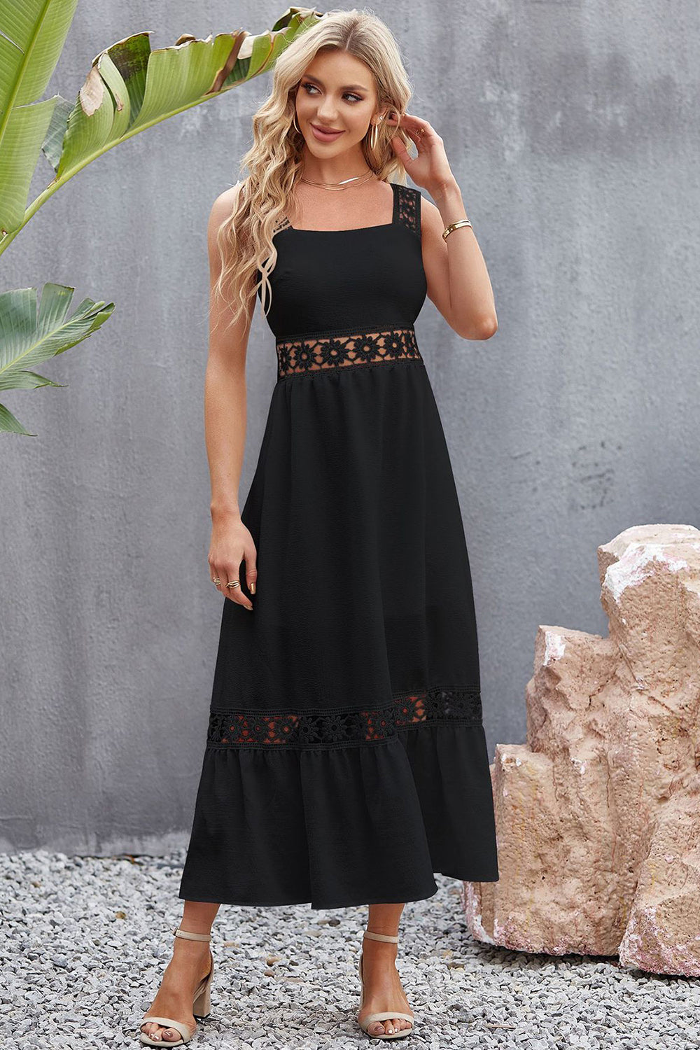 Flower Crochet Wide Strap Midi Dress BLUE ZONE PLANET