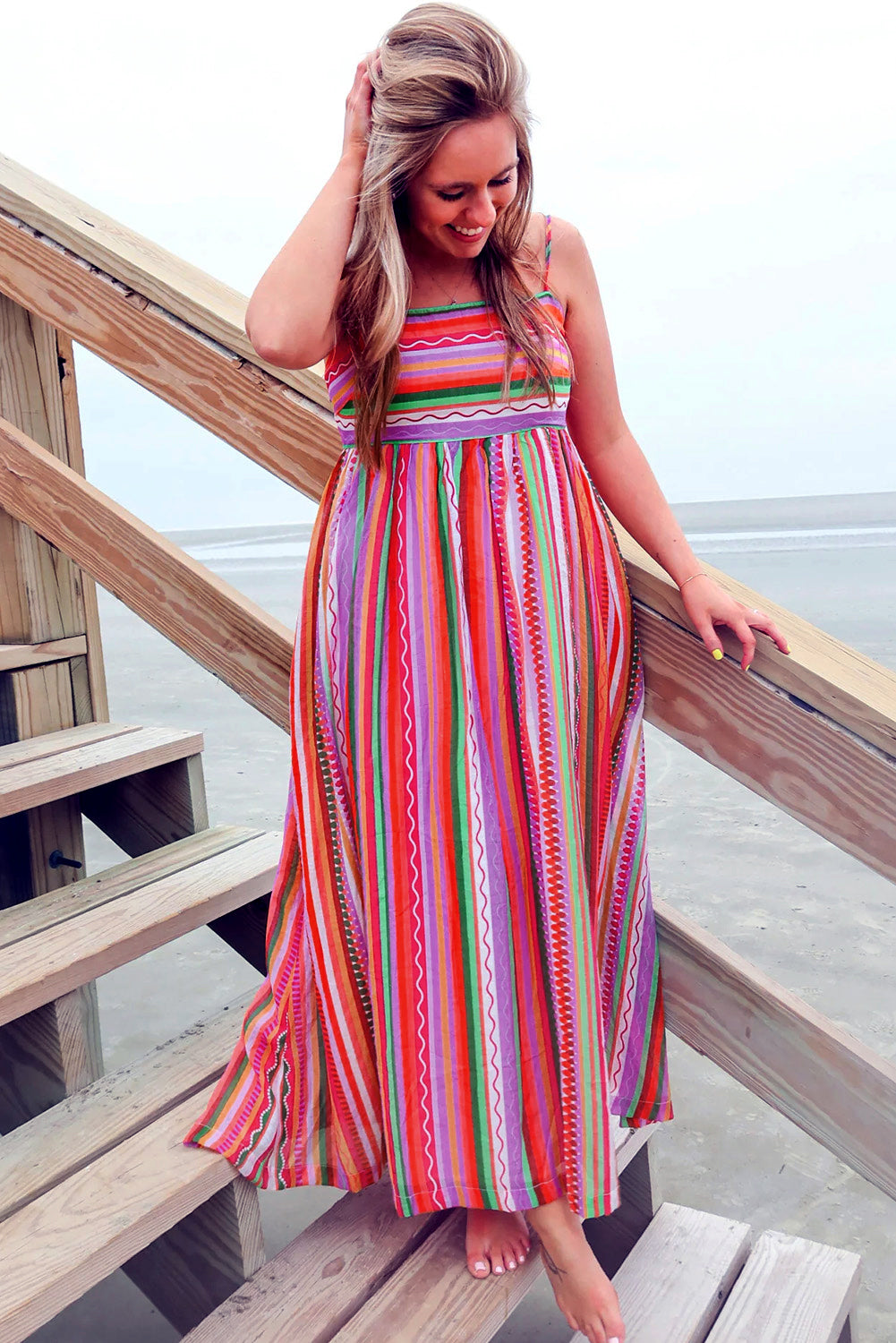 Blue Zone Planet | Marisol's Multicolour Striped Thin Straps Smocked Back Boho Maxi Dress Blue Zone Planet