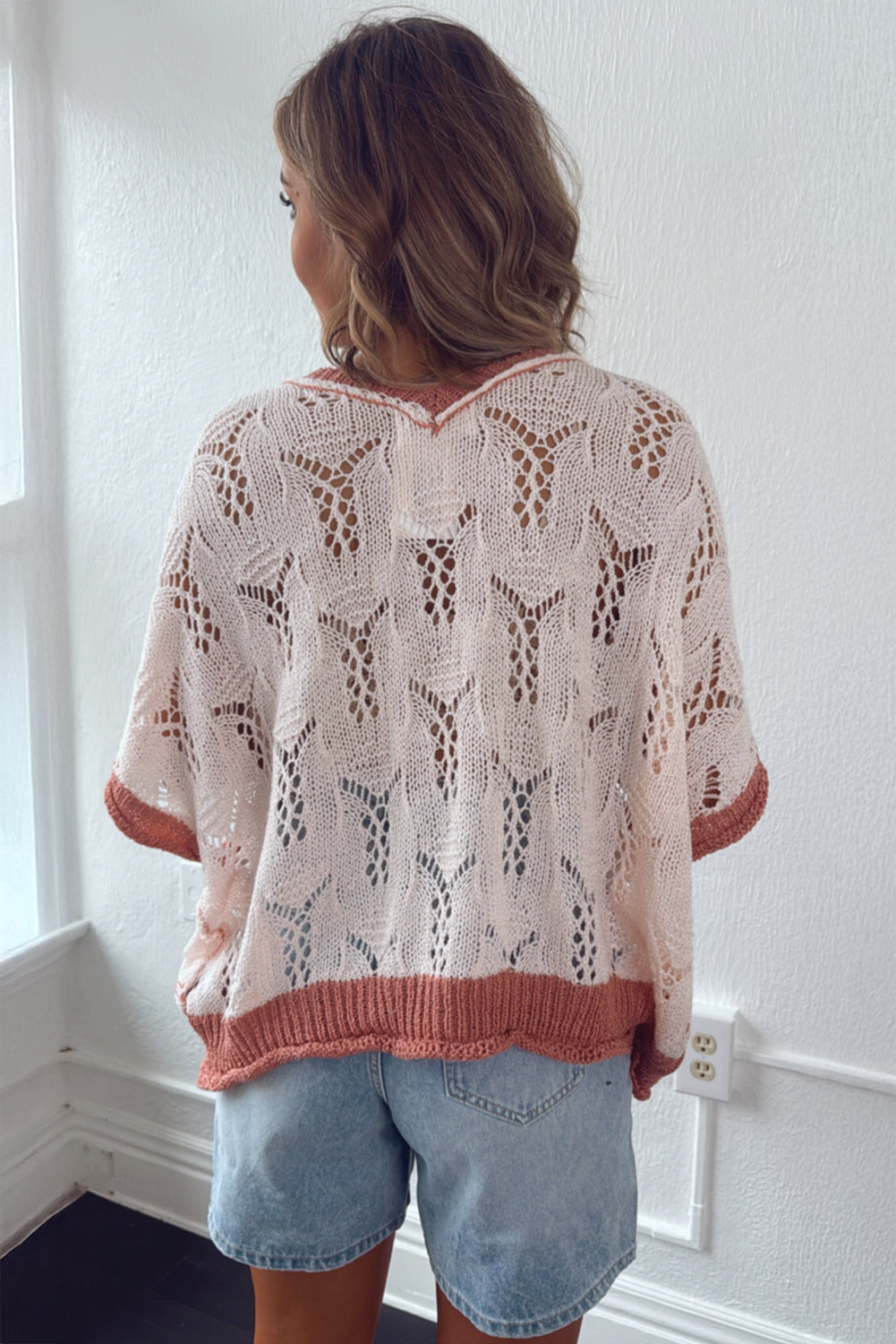 Delicacy Embroidered Flowers Colorblock Edge Hollowed Sweater