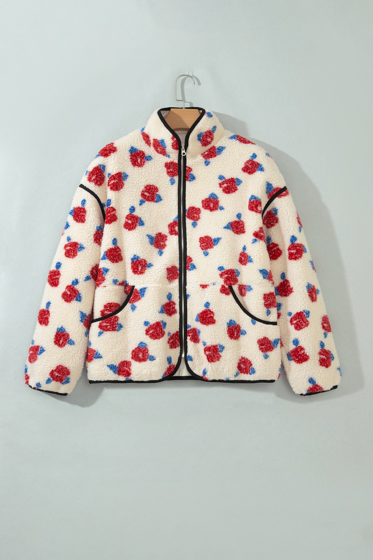White Floral Print Zipper Stand Neck Outerwear Fleece Coat