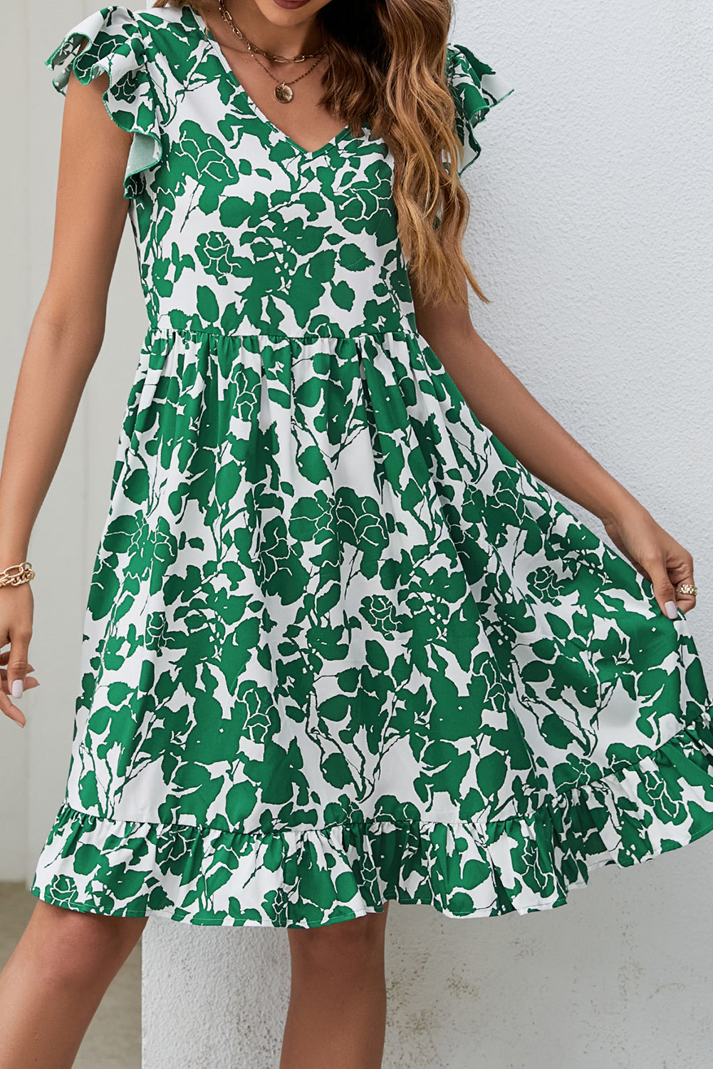 Dark Green Leaf Print V Neck Flutter Sleeve Dress Blue Zone Planet