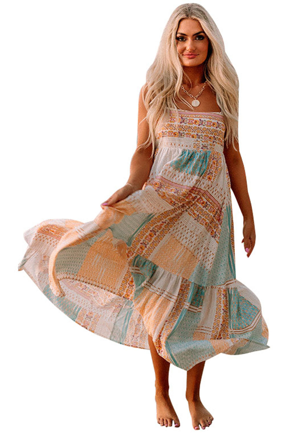 Anna's Multicolor Boho Patchwork Print Square Neck Sundress Blue Zone Planet