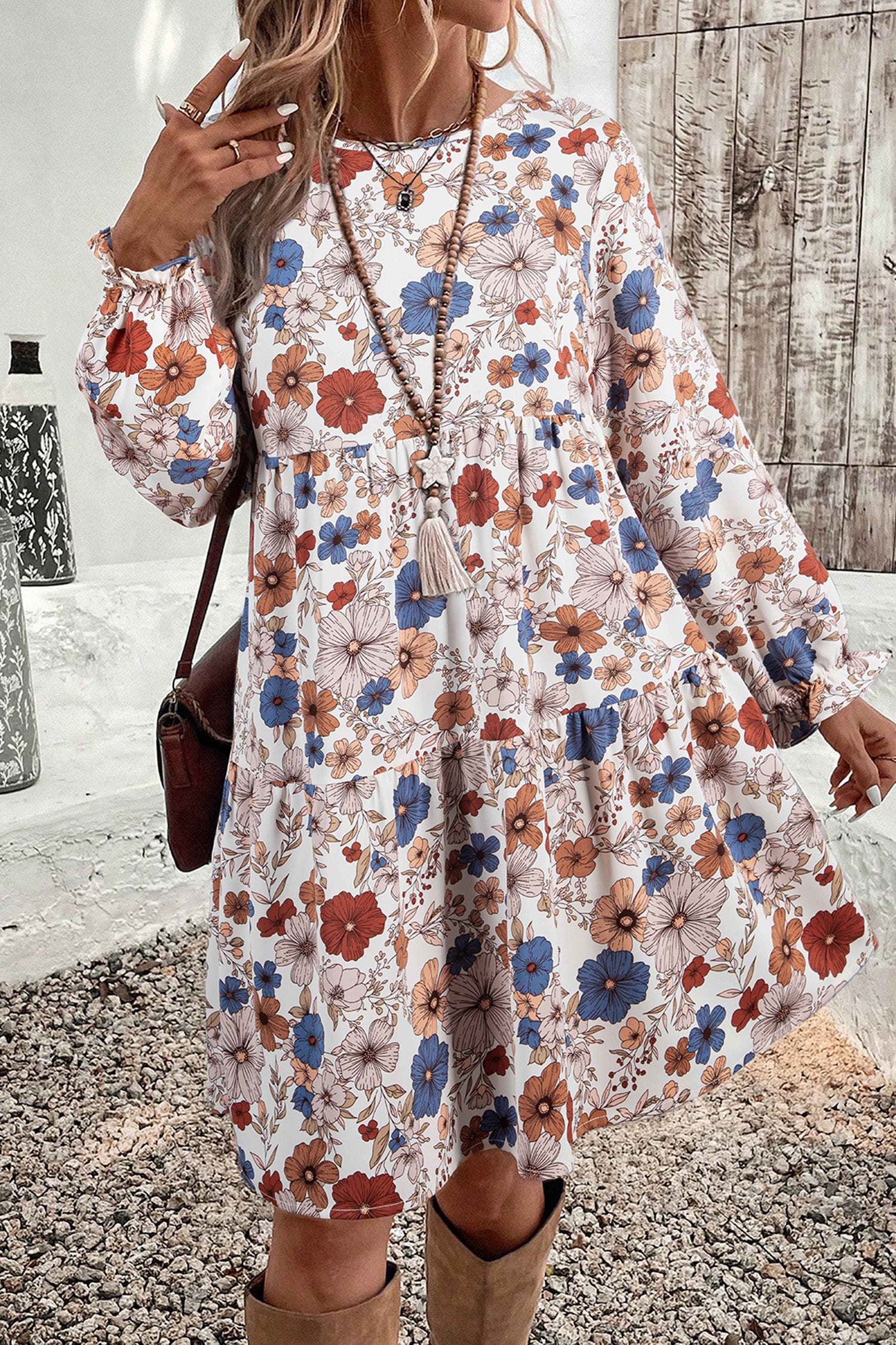 baptism dress for mom Sunny Angela Women's Bohemian Tiered Ruffled Long Sleeve Round Neck Floral Dress