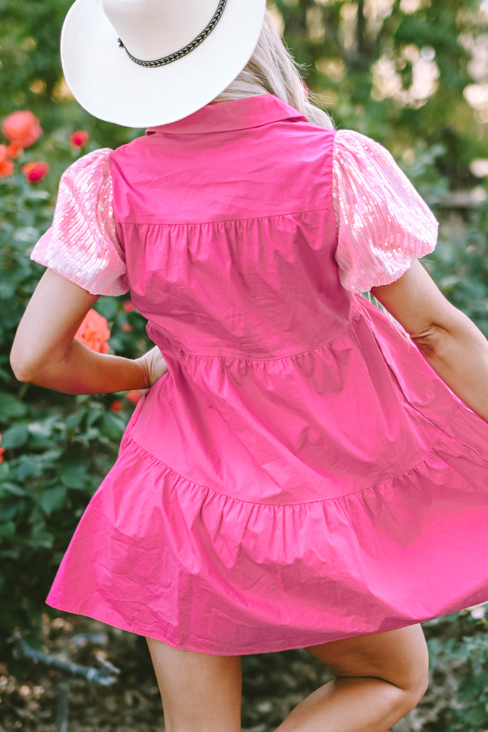 Blue Zone Planet | Bonbon Sequined Bubble Sleeve Tiered Ruffled Shirt Dress Blue Zone Planet