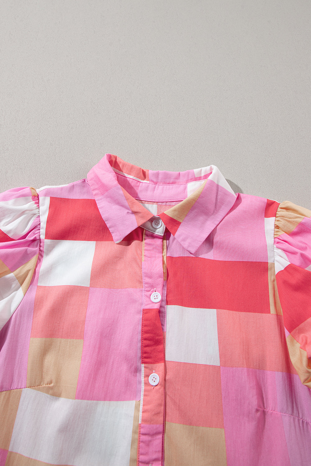 Blue Zone Planet | Pink Plaid Print Puff Sleeve Buttoned Tiered Dress Blue Zone Planet
