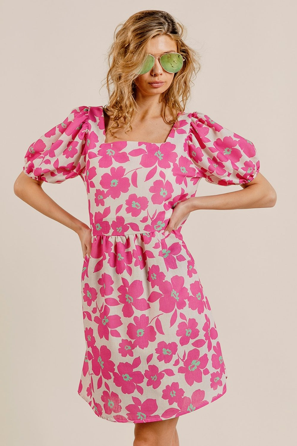 Blue Zone Planet | BiBi Printed Square Neck Puff Sleeve Mini Dress BLUE ZONE PLANET