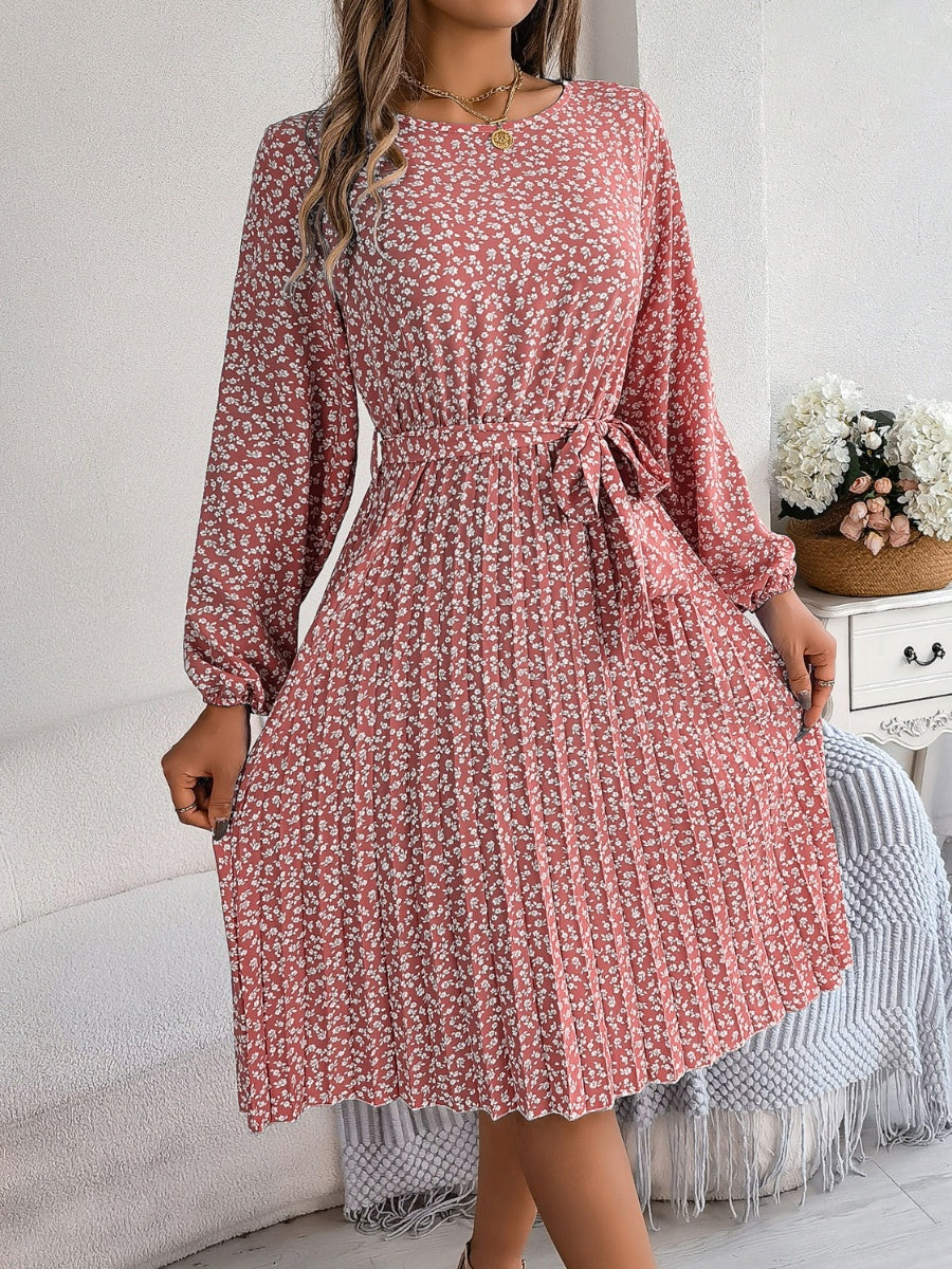 Ditsy Floral Tie Waist Pleated Dress BLUE ZONE PLANET