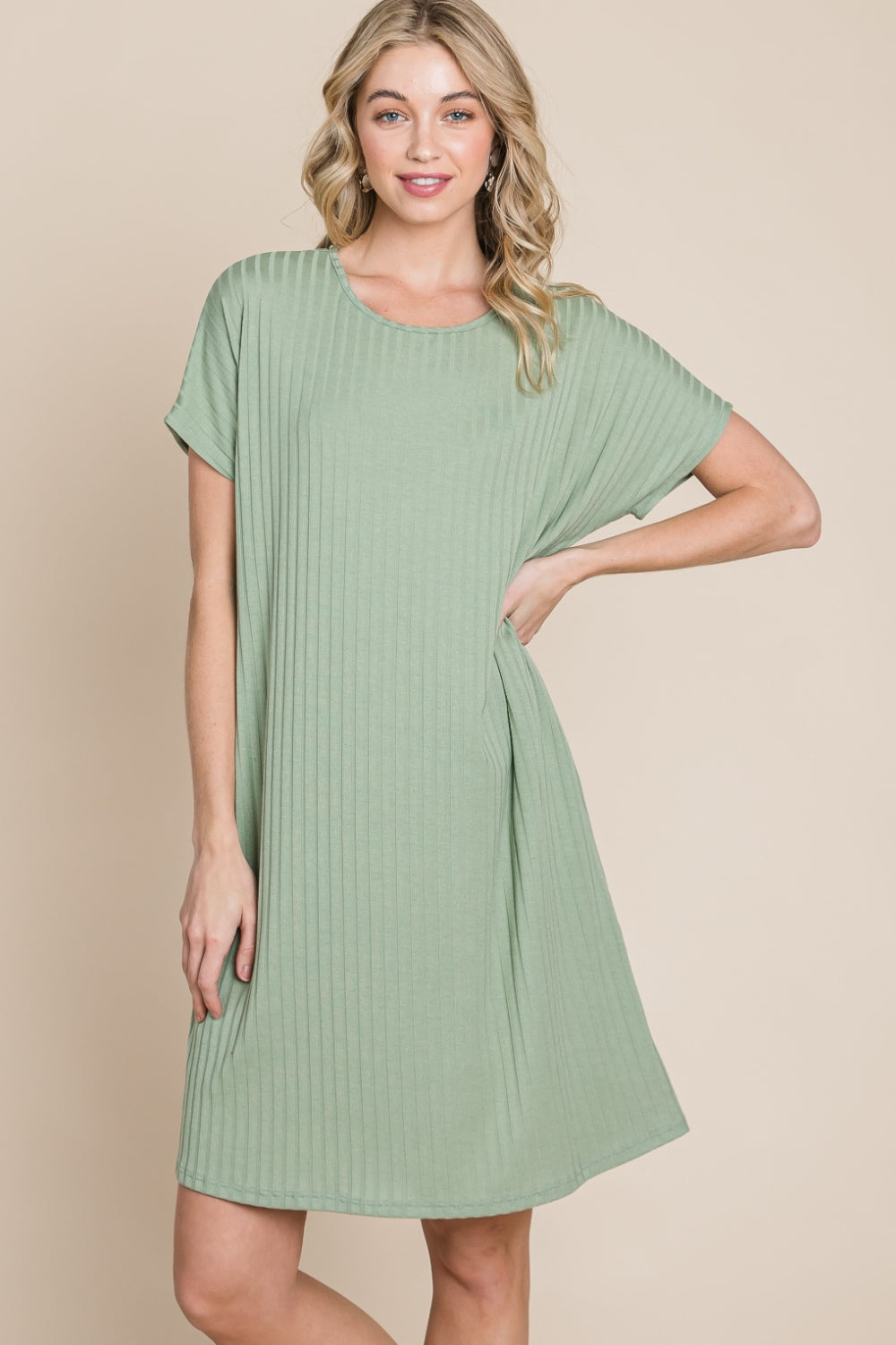 Blue Zone Planet | BOMBOM Ribbed Round Neck Short Sleeve Dress BLUE ZONE PLANET