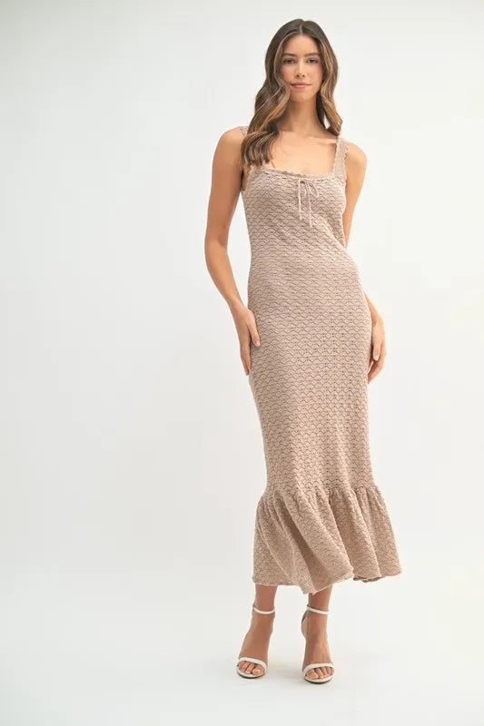 MABLE Ruffled Hem Sleeveless Crochet Knit Midi Dress Mocha / S by Blue Zone Planet MABLE Ruffled Hem Sleeveless Crochet Knit Midi Dress Mocha / S by Blue Zone Planet