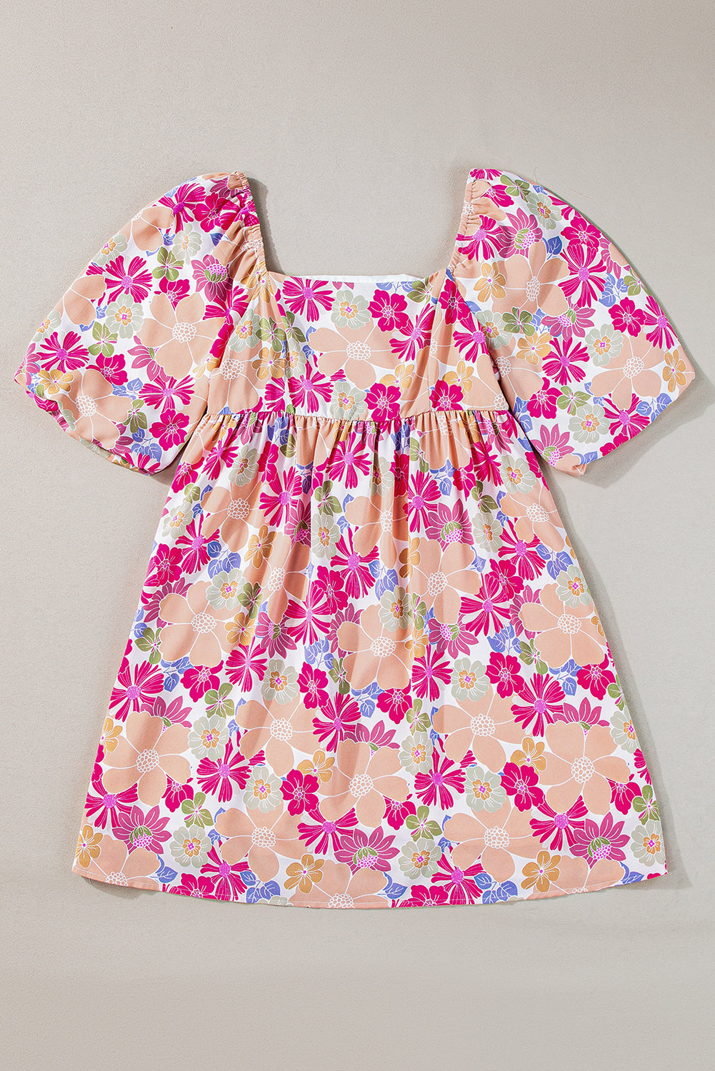 Blue Zone Planet | Rose Summer Floral Square Neck Puff Sleeve Babydoll Dress Blue Zone Planet