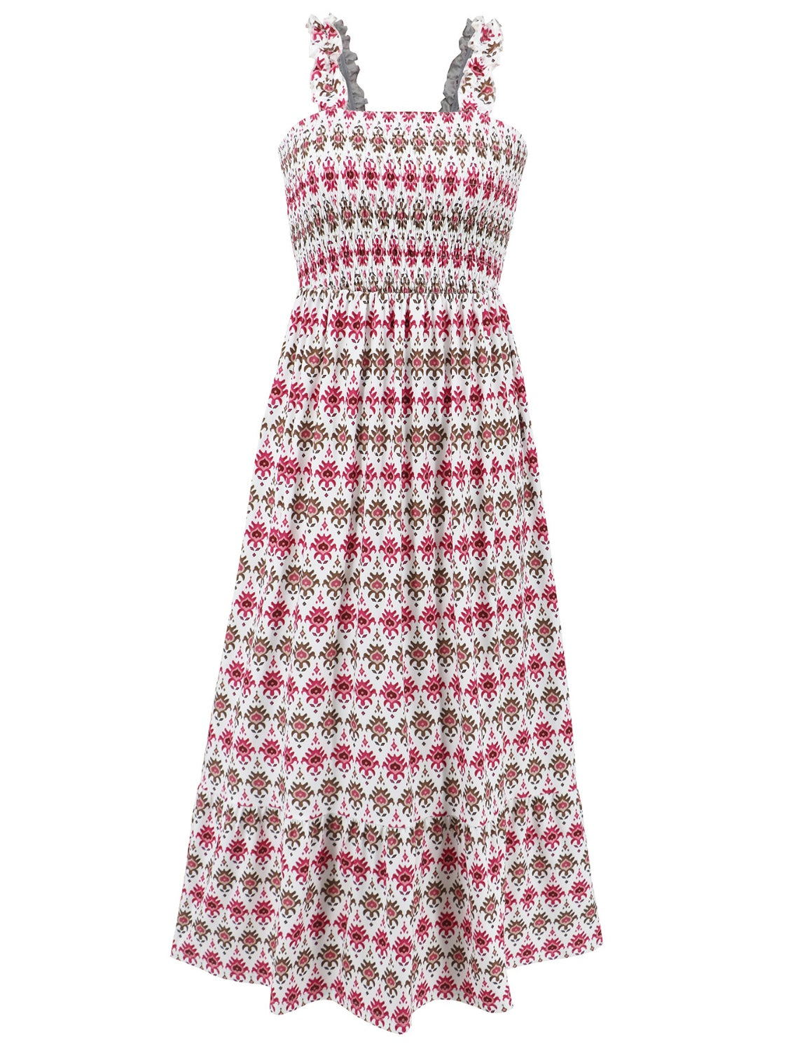 Smocked Printed Square Neck Sleeveless Dress BLUE ZONE PLANET