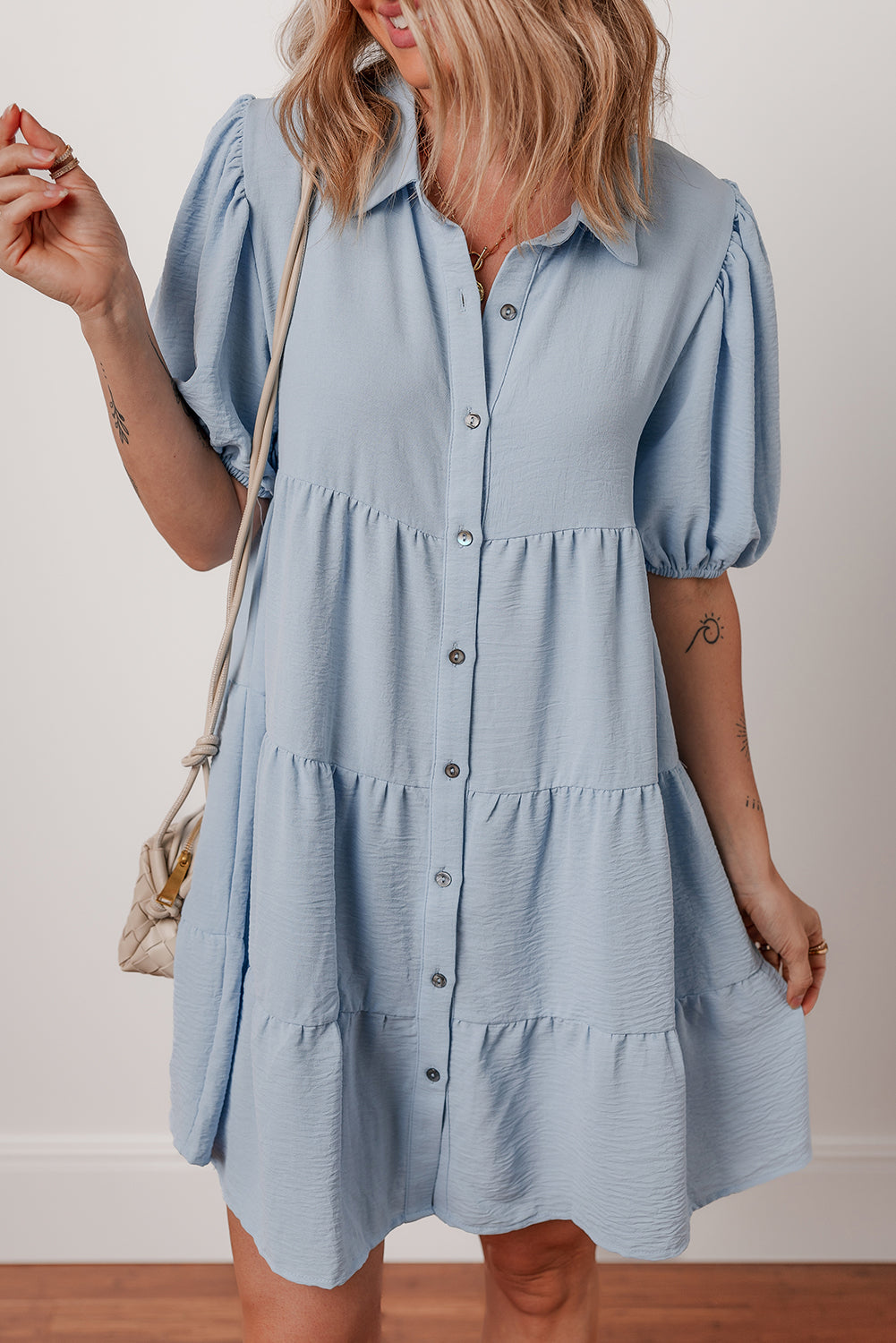 Beau Blue Shirt Collar Button Up Short Puff Sleeve Tiered Shift Dress Blue Zone Planet Beau Blue Shirt Collar Button Up Short Puff Sleeve Tiered Shift Dress Blue Zone Planet