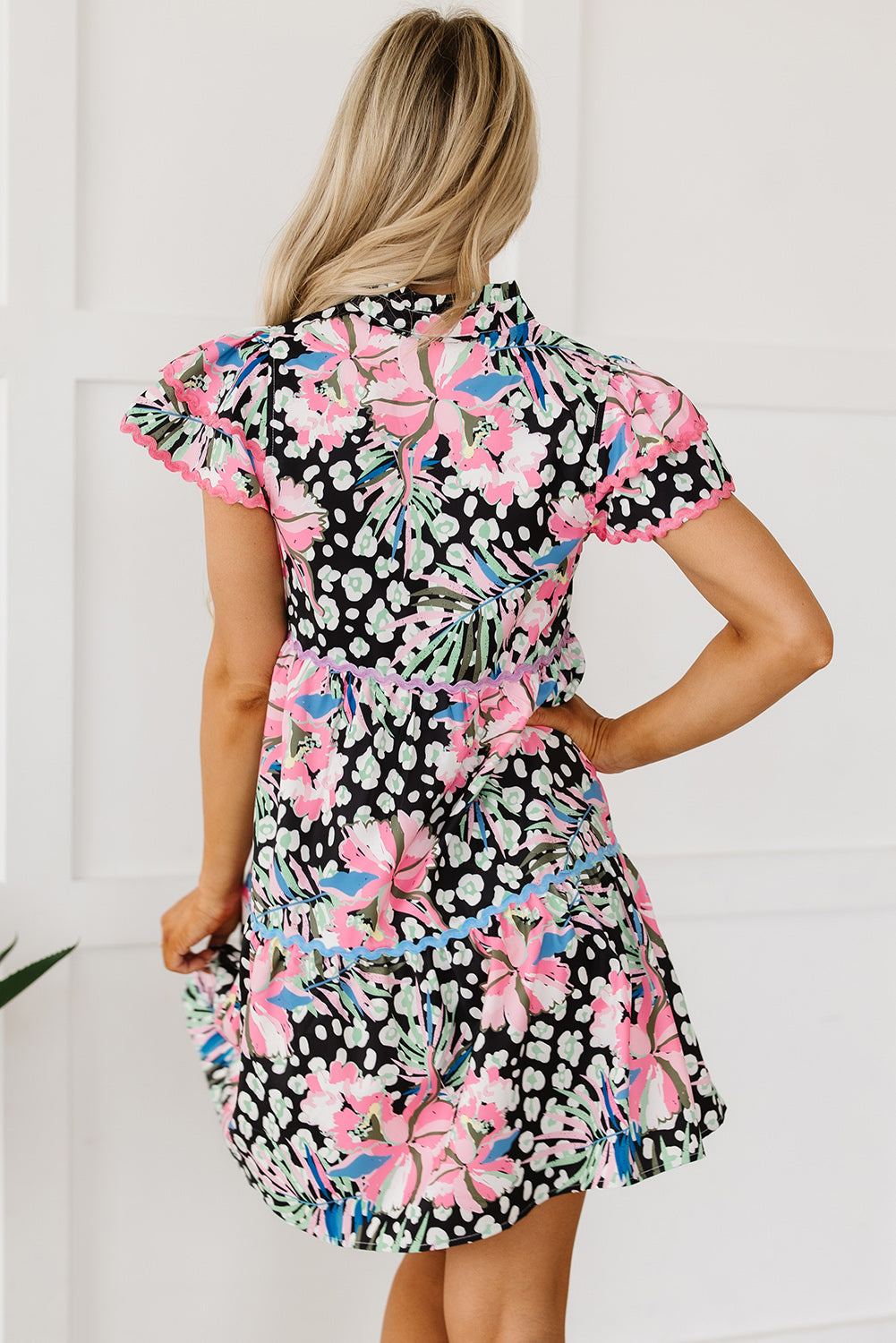 Blue Zone Planet | Pink Floral Ricrac Embellished Tiered Mini Dress Blue Zone Planet